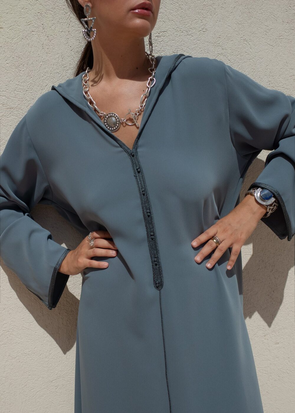 Hooded Crepe Kaftan with Tone-on-Tone Details