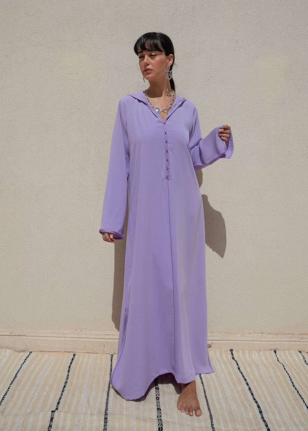 Hooded Crepe Kaftan with Tone-on-Tone Details