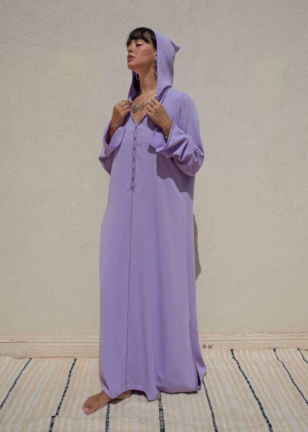 Hooded Crepe Kaftan with Tone-on-Tone Details