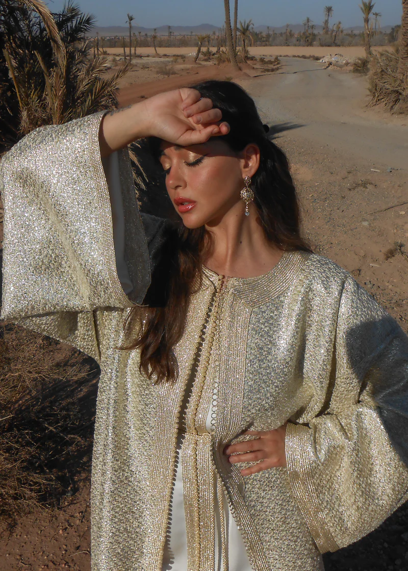 Gilded Opulence Golden Tweed Kaftan with Satin Under-Kaftan & Belt