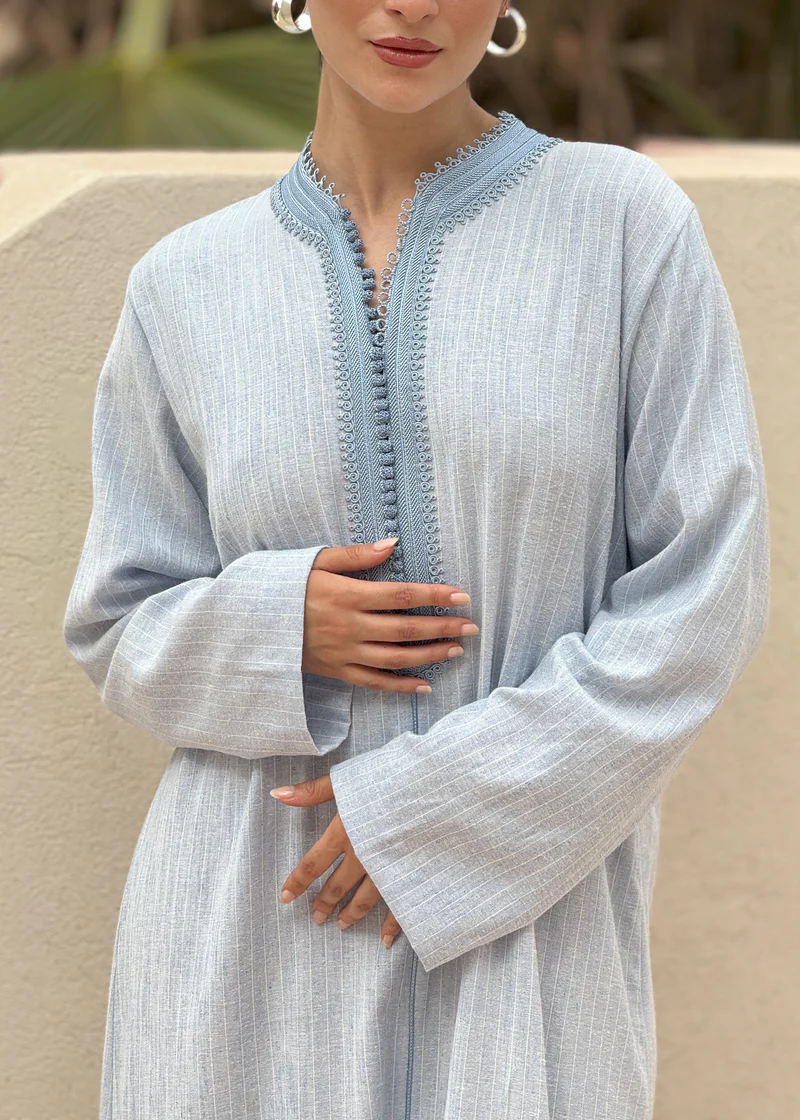 High Standing Collar Striped Linen Kaftan with Handmade Embroidery (5)