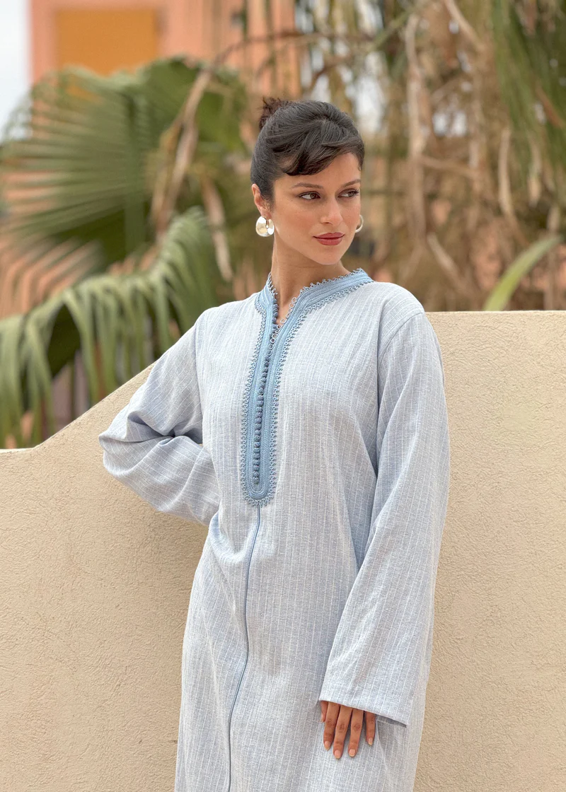 High Standing Collar Striped Linen Kaftan with Handmade Embroidery (5)