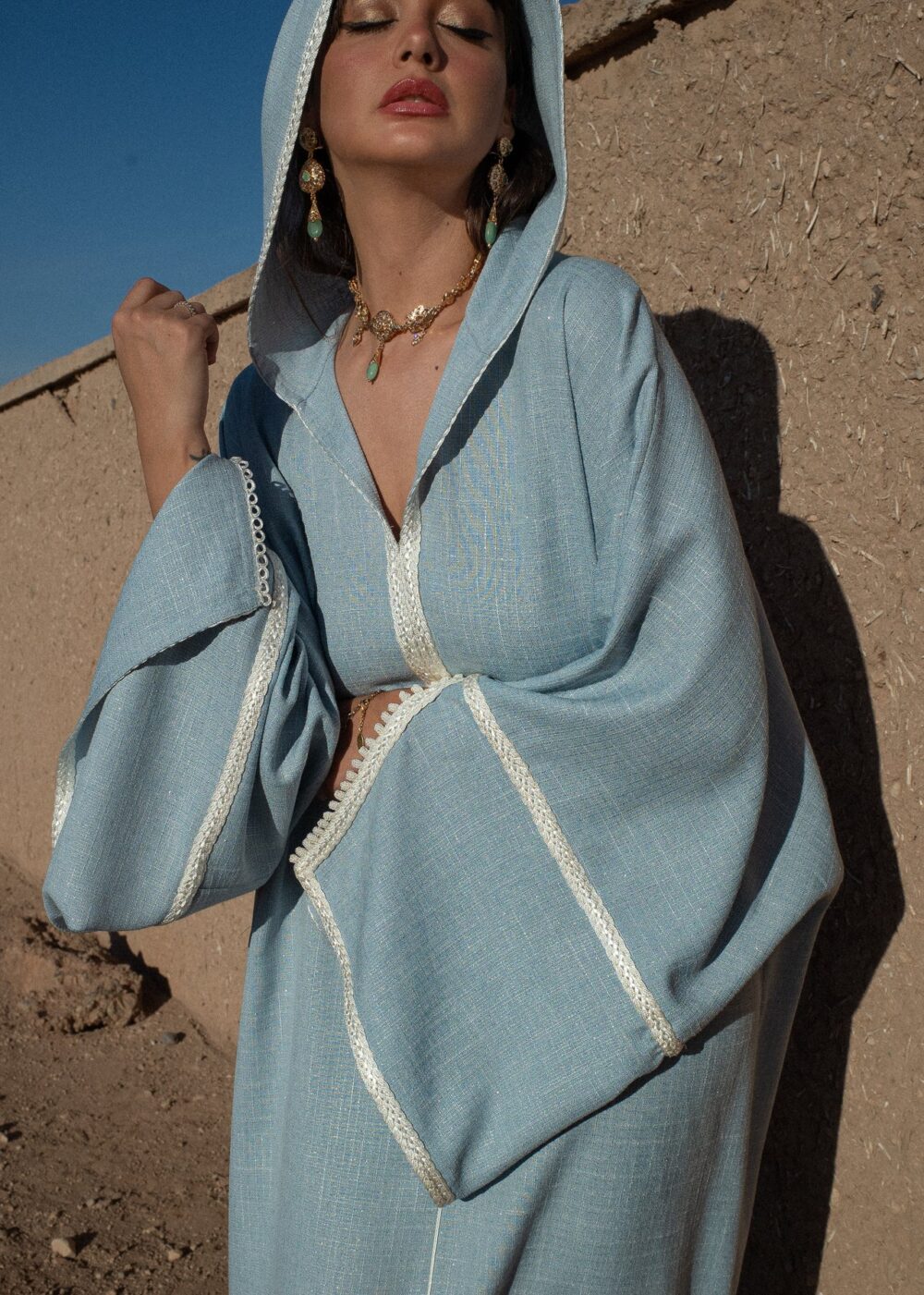 Linen Hooded Kaftan Dress with Golden Sfifa