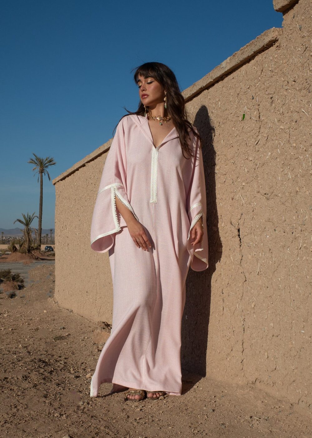 Linen Hooded Kaftan Dress with Golden Sfifa