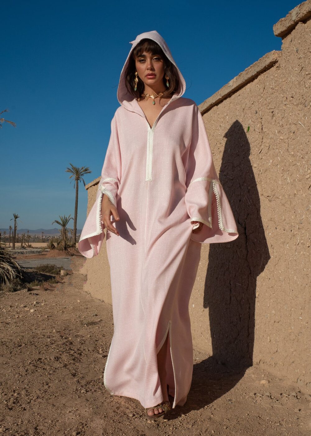 Linen Hooded Kaftan Dress with Golden Sfifa