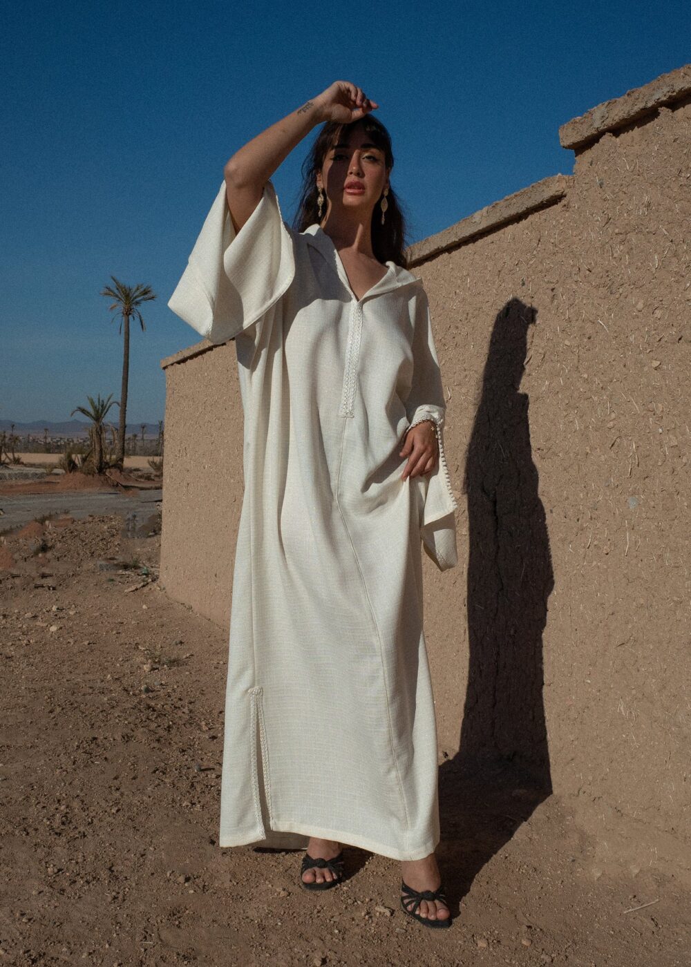 Linen Hooded Kaftan Dress with Golden Sfifa