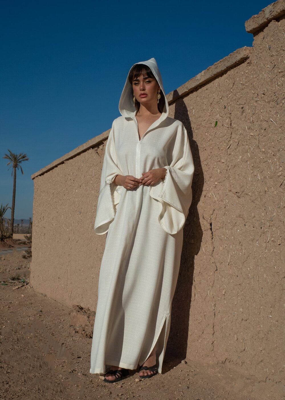 Linen Hooded Kaftan Dress with Golden Sfifa