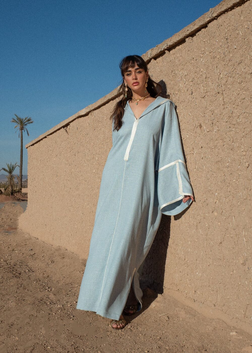 Linen Hooded Kaftan Dress with Golden Sfifa