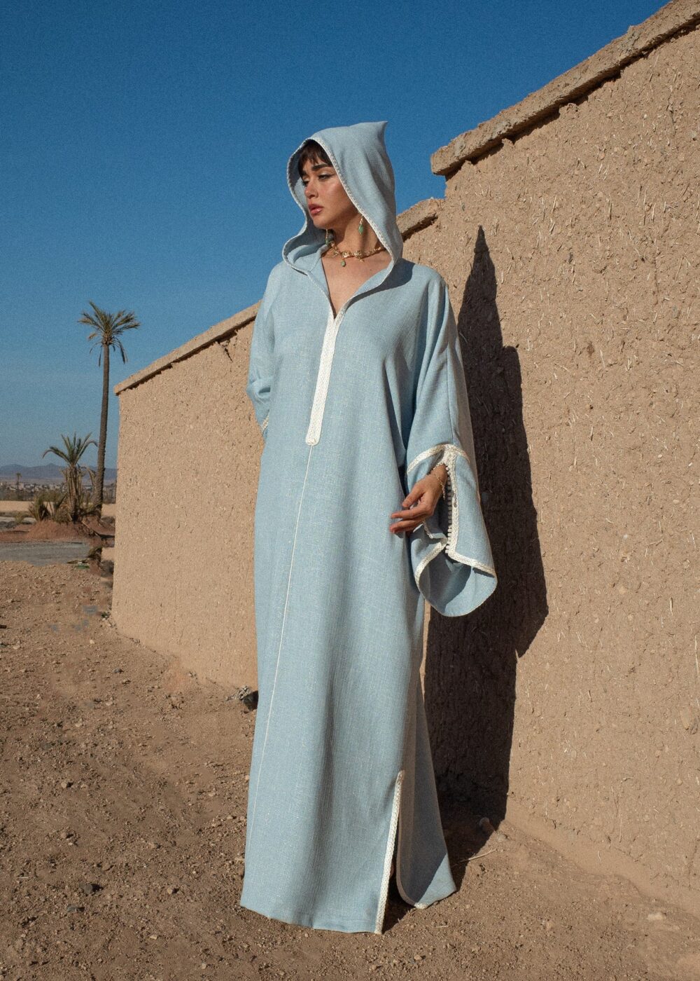 Linen Hooded Kaftan Dress with Golden Sfifa