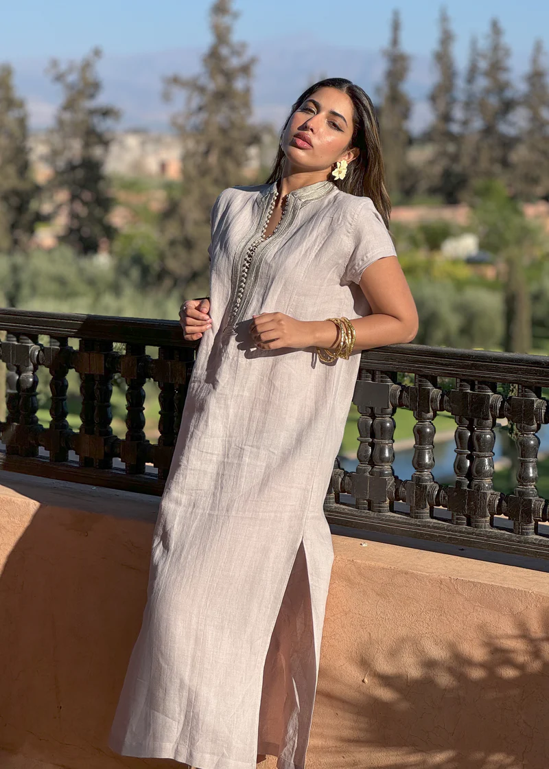 Linen Kaftan Maxi Dress with Short Sleeves and Statement Neckline