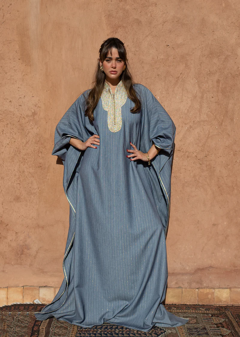 Oversized Striped Crêpe Kaftan with Statement Sfeefa Neckline