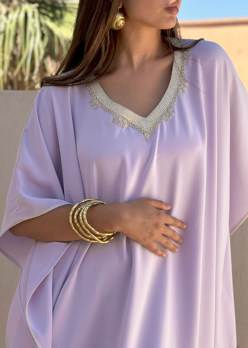 Oversized V-Neck Crepe Kaftan with Hand Embroidery