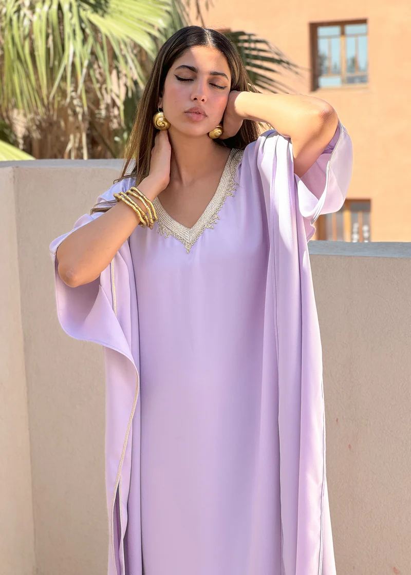 Oversized V-Neck Crepe Kaftan with Hand Embroidery