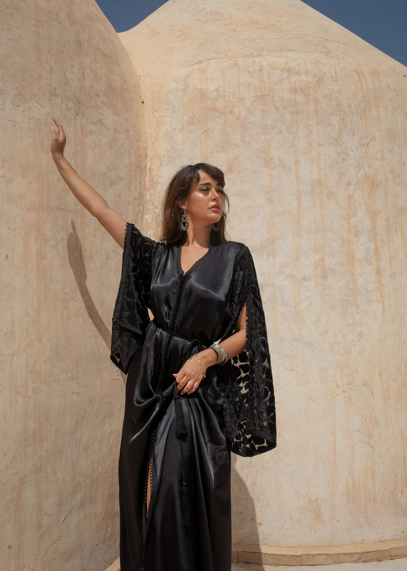 Silk Kaftan with Devore Statement Sleeves and Matching Belt