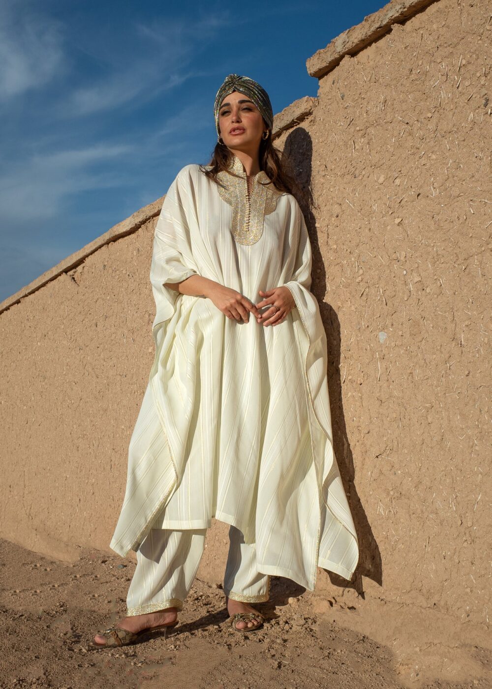 Striped Crepe 2-Piece Kaftan Set with Saroual Trousers