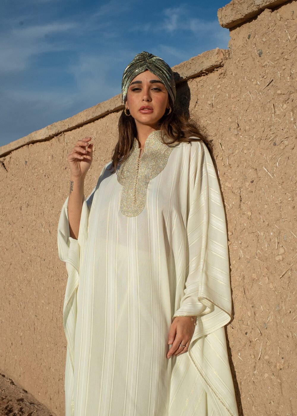 Striped Crepe 2-Piece Kaftan Set with Saroual Trousers