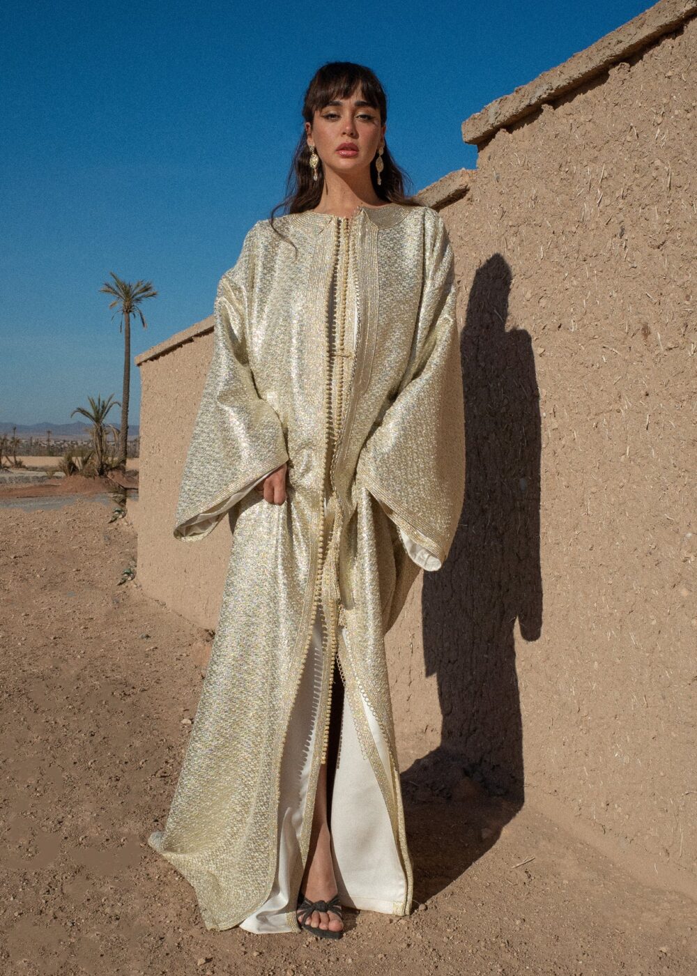 Golden Tweed Kaftan - Elegant Satin Layered Design