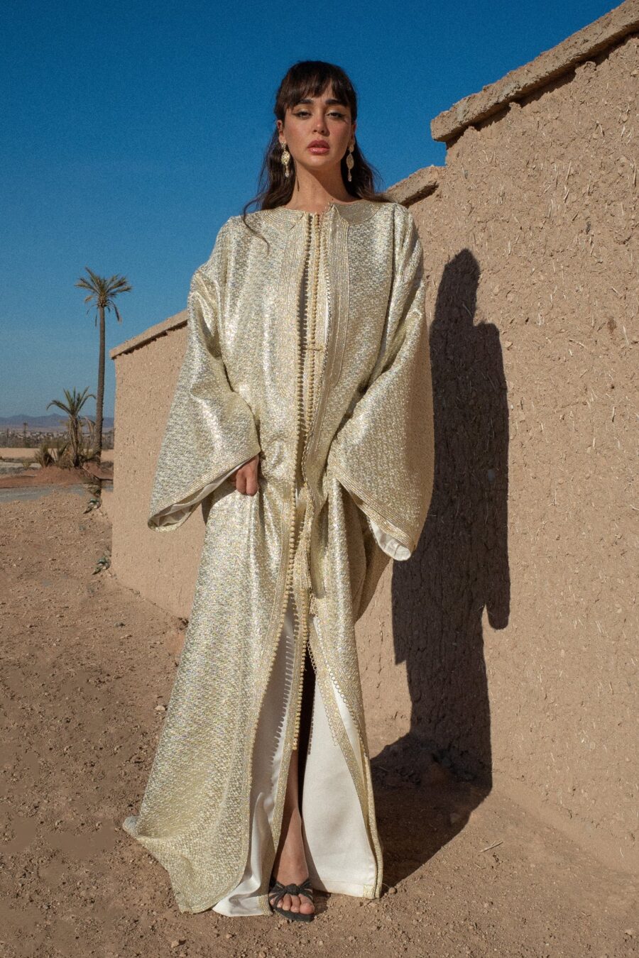 Golden Tweed Kaftan - Elegant Satin Layered Design