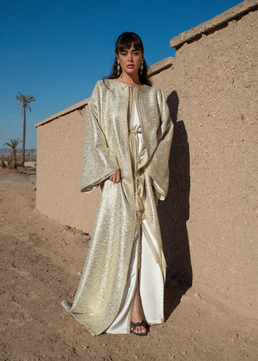 Golden Tweed Kaftan - Elegant Satin Layered Design