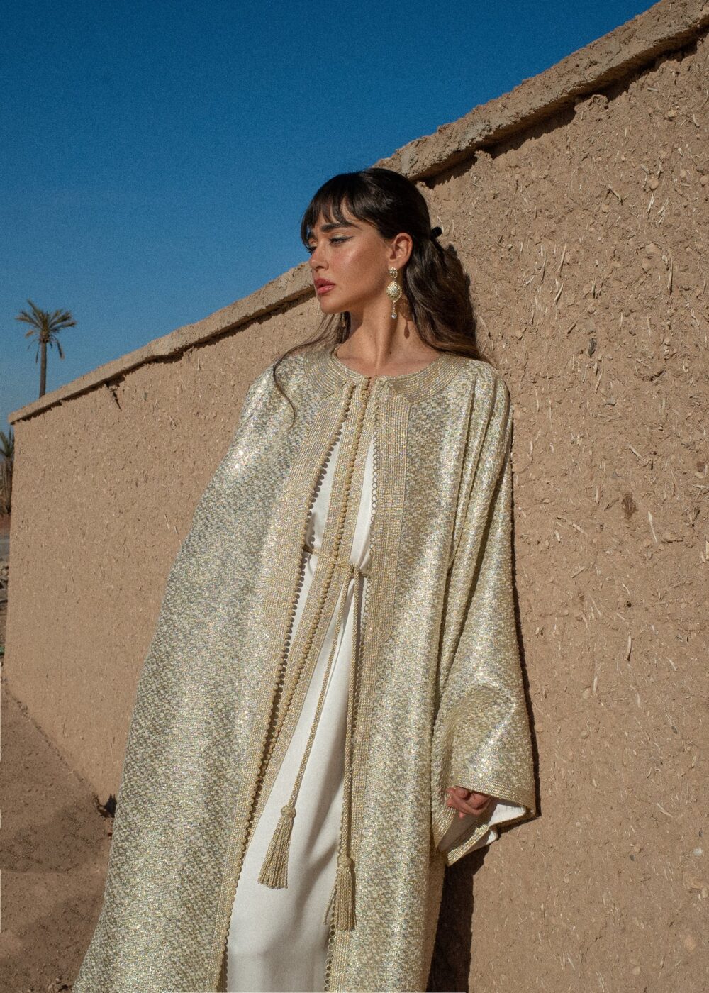 Golden Tweed Kaftan - Elegant Satin Layered Design