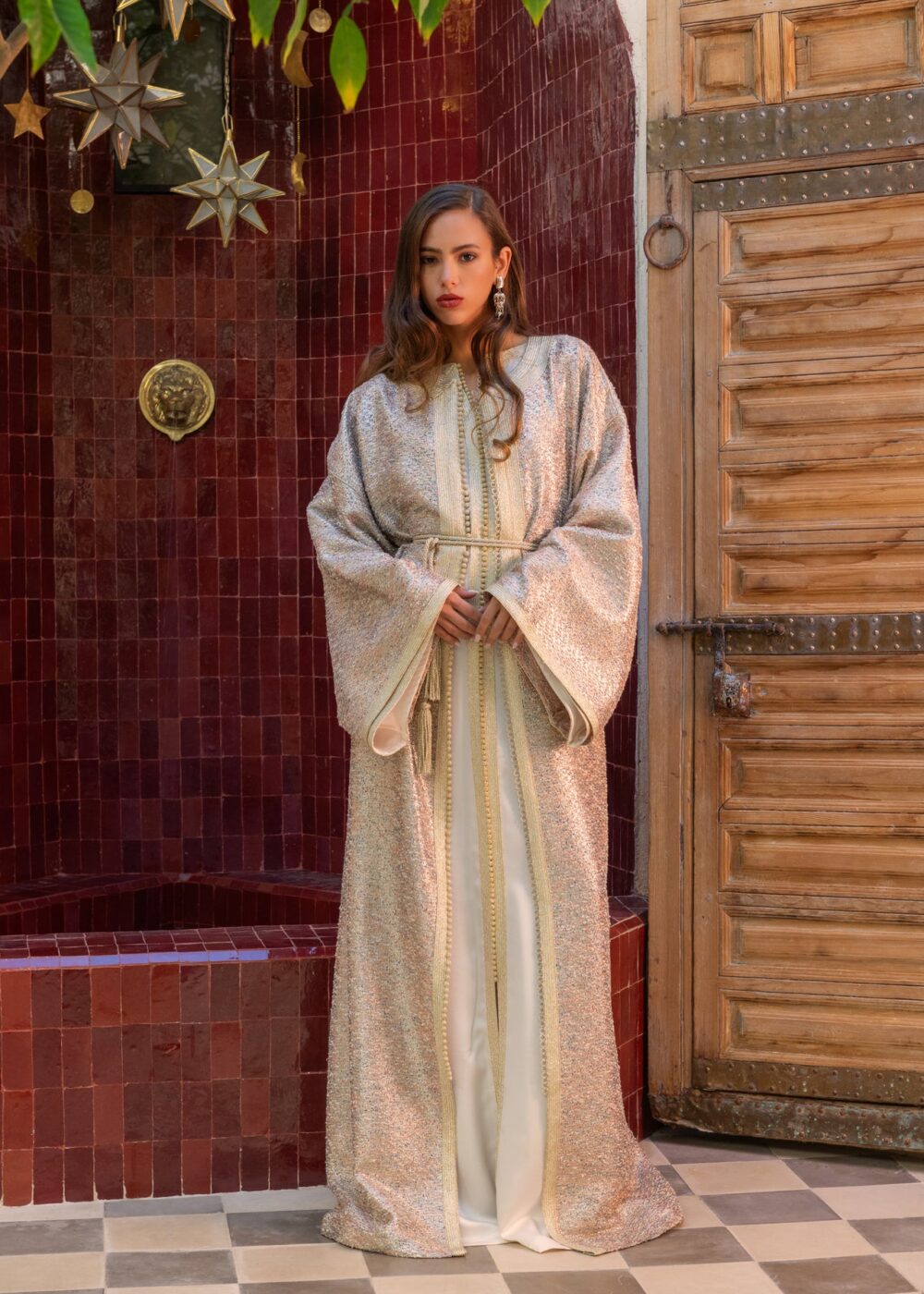 Golden Tweed Kaftan - Elegant Satin Layered Design