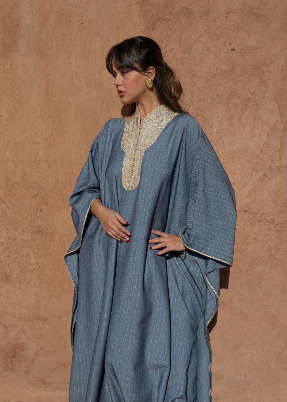 Handcrafted Moroccan Kaftan – Oversized Striped Crêpe with Sfeefa Work