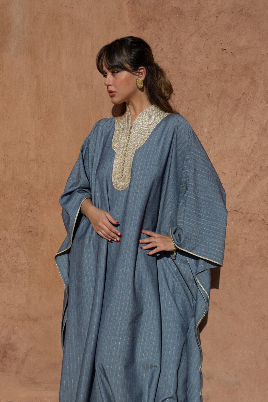 Handcrafted Moroccan Kaftan – Oversized Striped Crêpe with Sfeefa Work