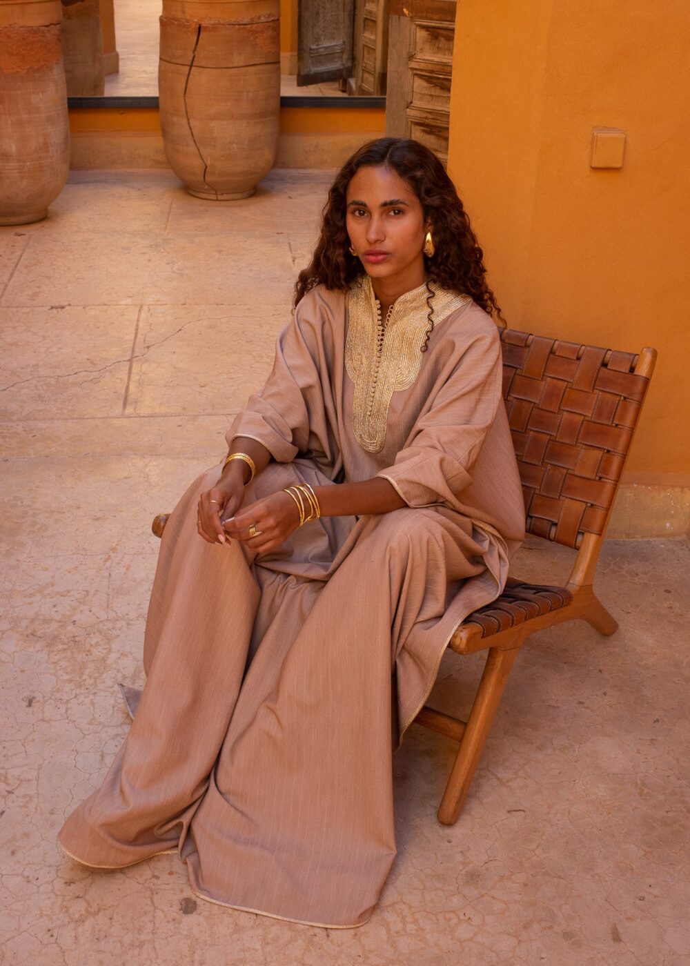 Handcrafted Moroccan Kaftan – Oversized Striped Crêpe with Sfeefa Work