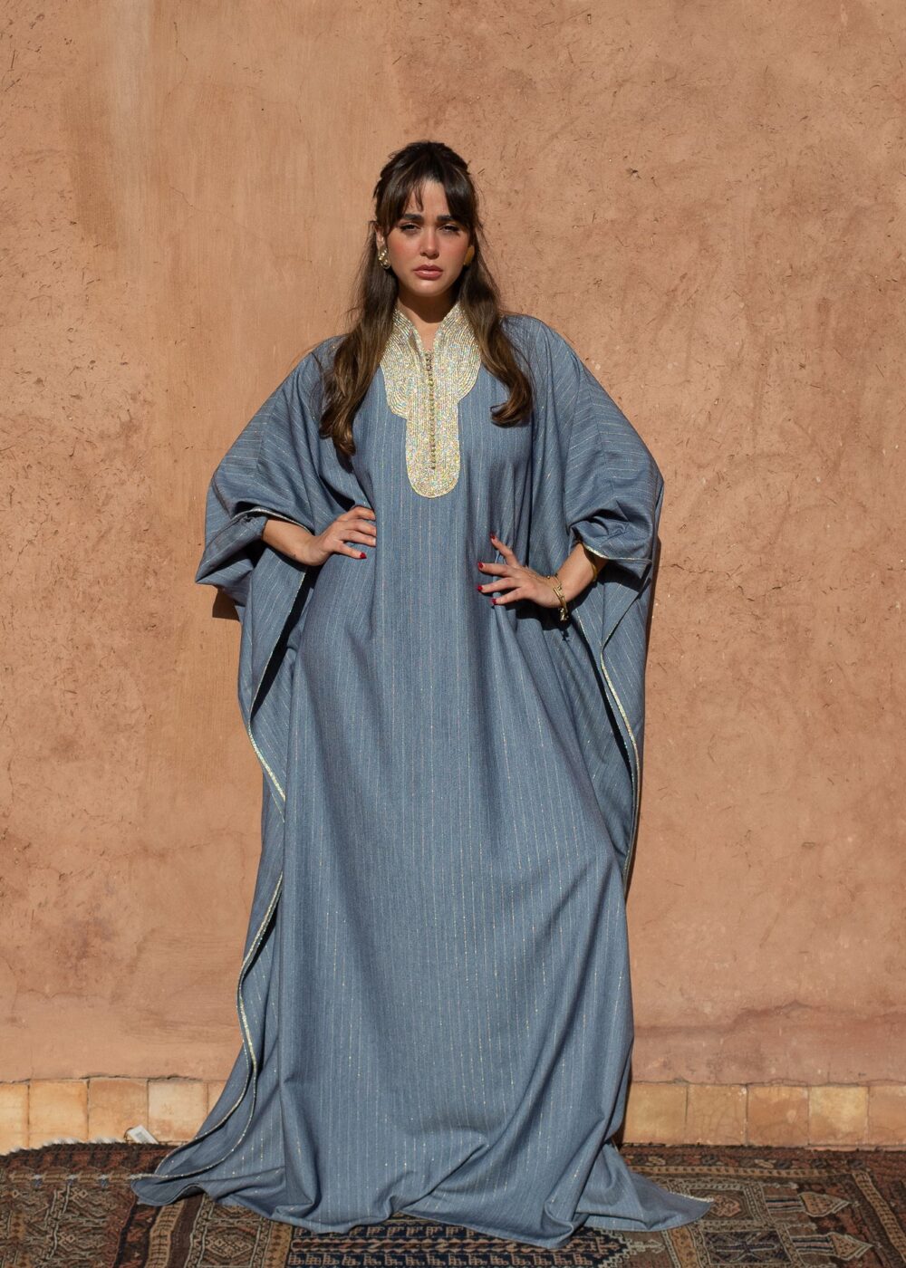 Handcrafted Moroccan Kaftan – Oversized Striped Crêpe with Sfeefa Work