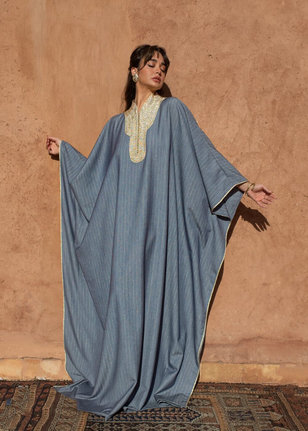 Handcrafted Moroccan Kaftan – Oversized Striped Crêpe with Sfeefa Work