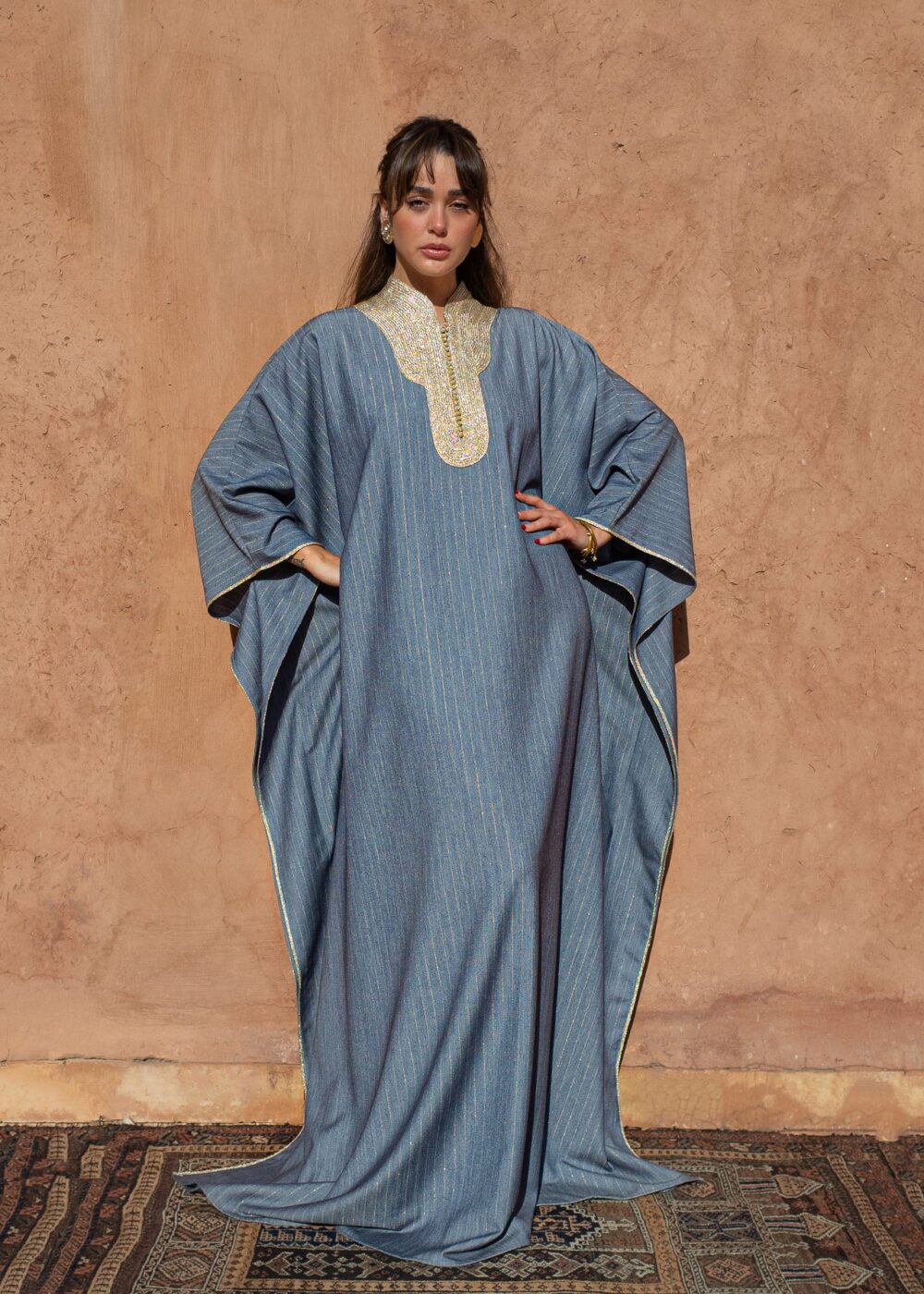 Handcrafted Moroccan Kaftan – Oversized Striped Crêpe with Sfeefa Work