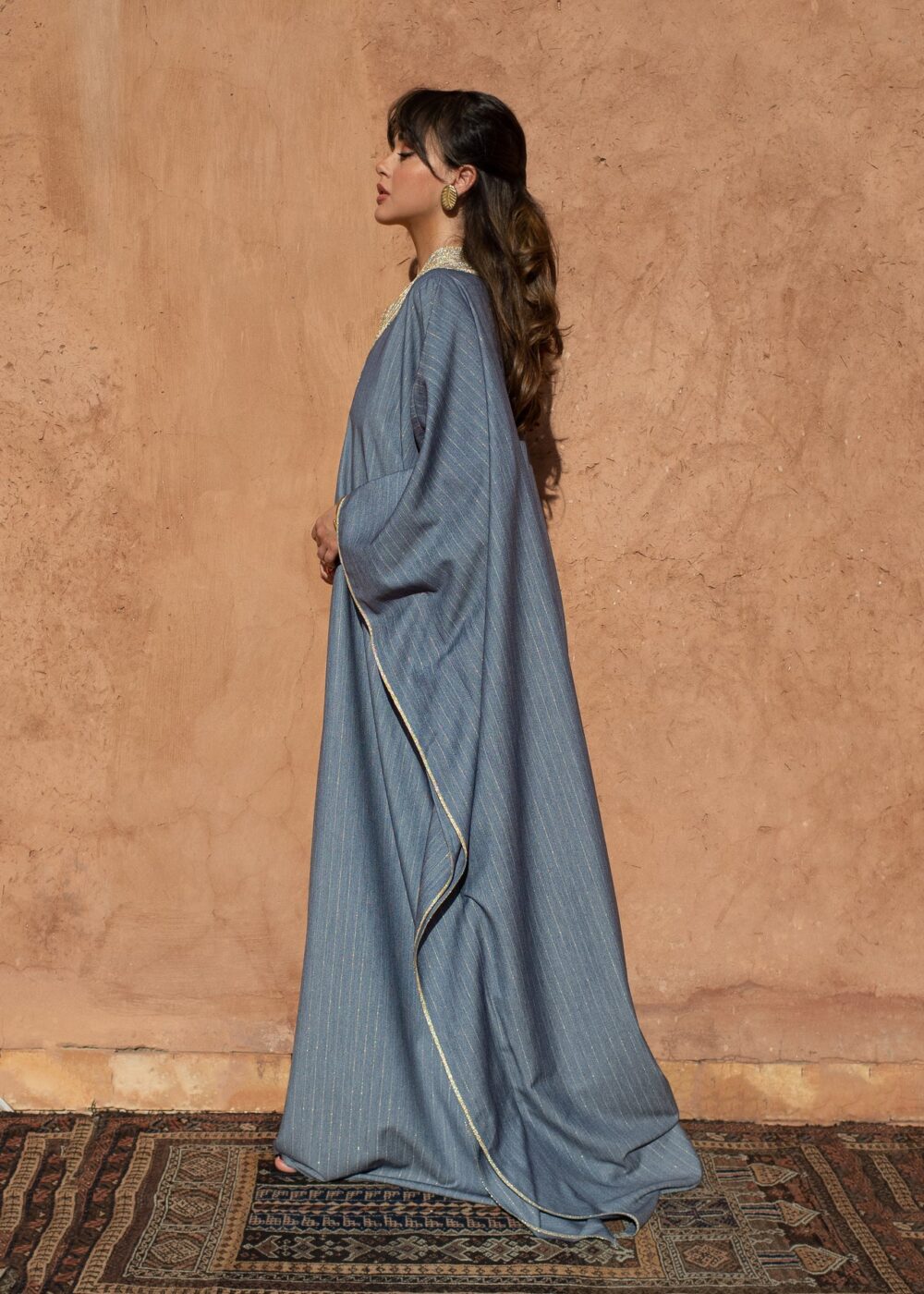 Handcrafted Moroccan Kaftan – Oversized Striped Crêpe with Sfeefa Work