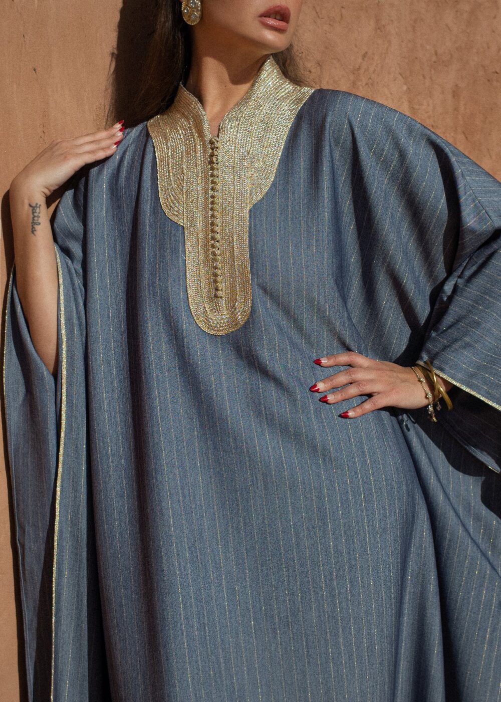 Handcrafted Moroccan Kaftan – Oversized Striped Crêpe with Sfeefa Work