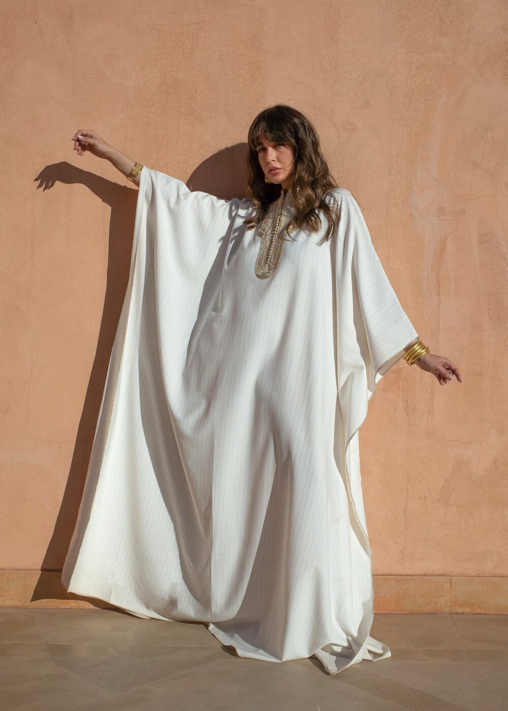 Handcrafted Moroccan Kaftan – Oversized Striped Crêpe with Sfeefa Work