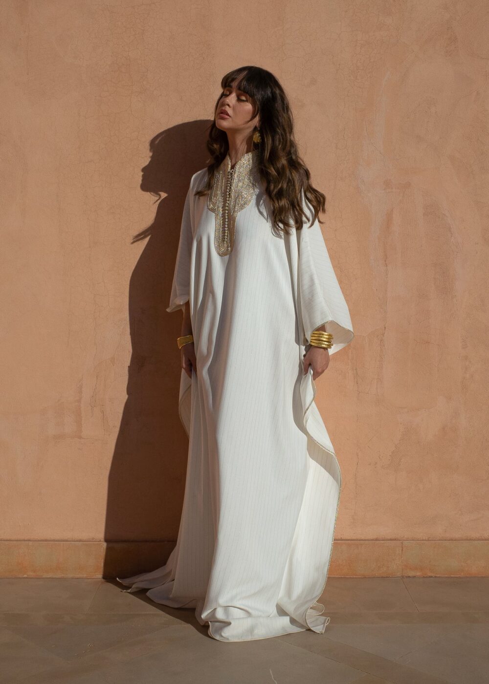 Handcrafted Moroccan Kaftan – Oversized Striped Crêpe with Sfeefa Work