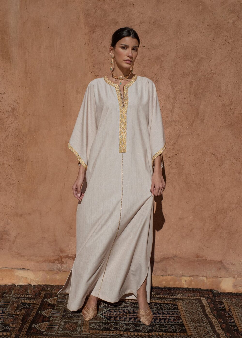 Striped Crepe Kaftan - Oversized Lightly Golden Striped Design